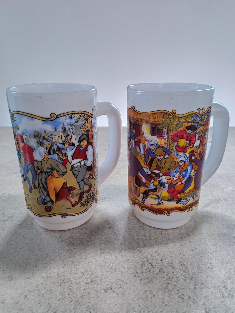 Vintage French Milk Glass Beer - Mug Medieval - Set of 2 - 70s - Made In France